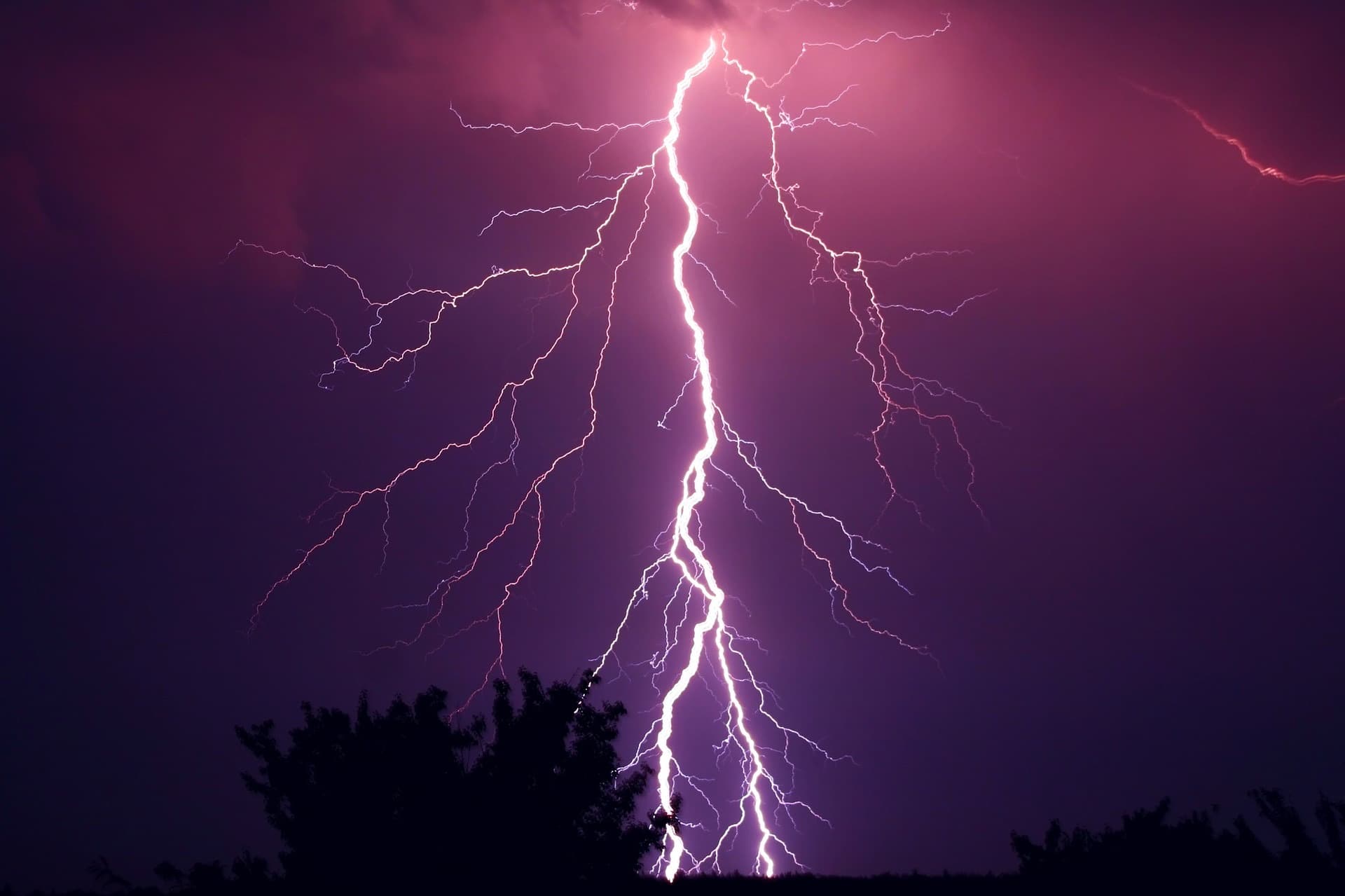 A lightning bolt striking down through a violet storm sky above a treeline