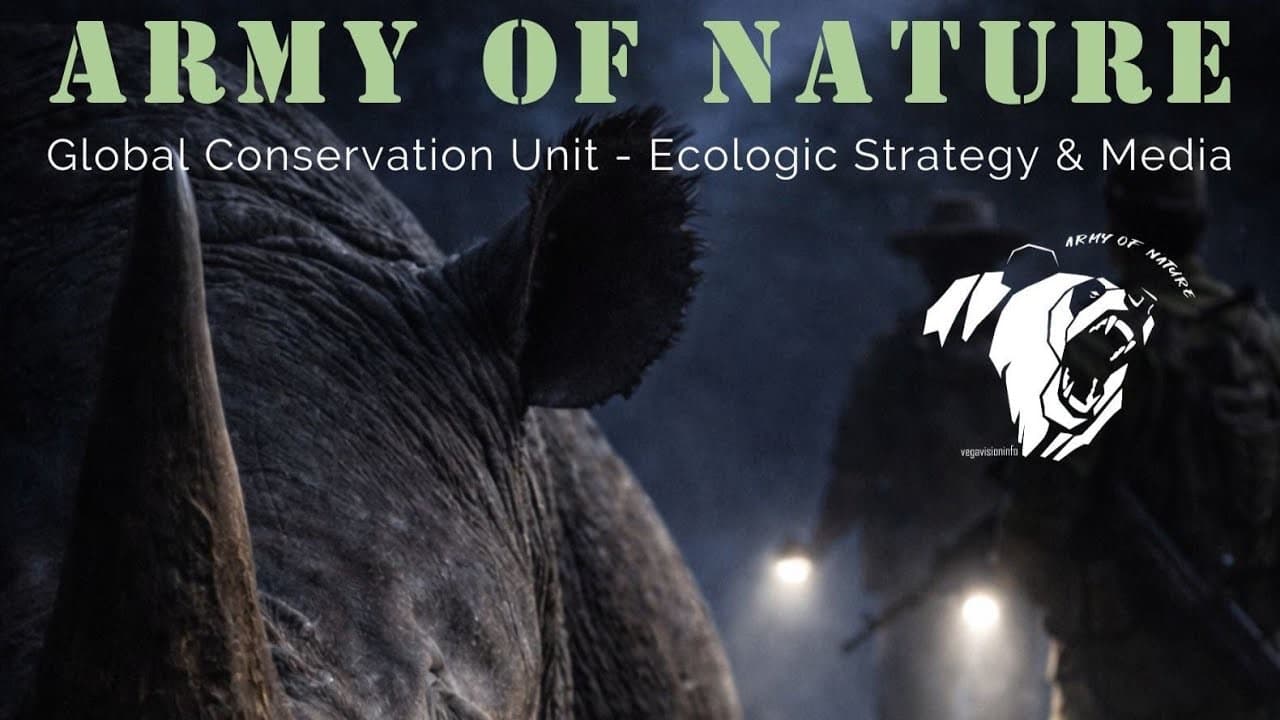 Army of Nature title card — Global Conservation Unit, Ecologic Strategy and Media — over an elephant at night, with the roaring-bear insignia