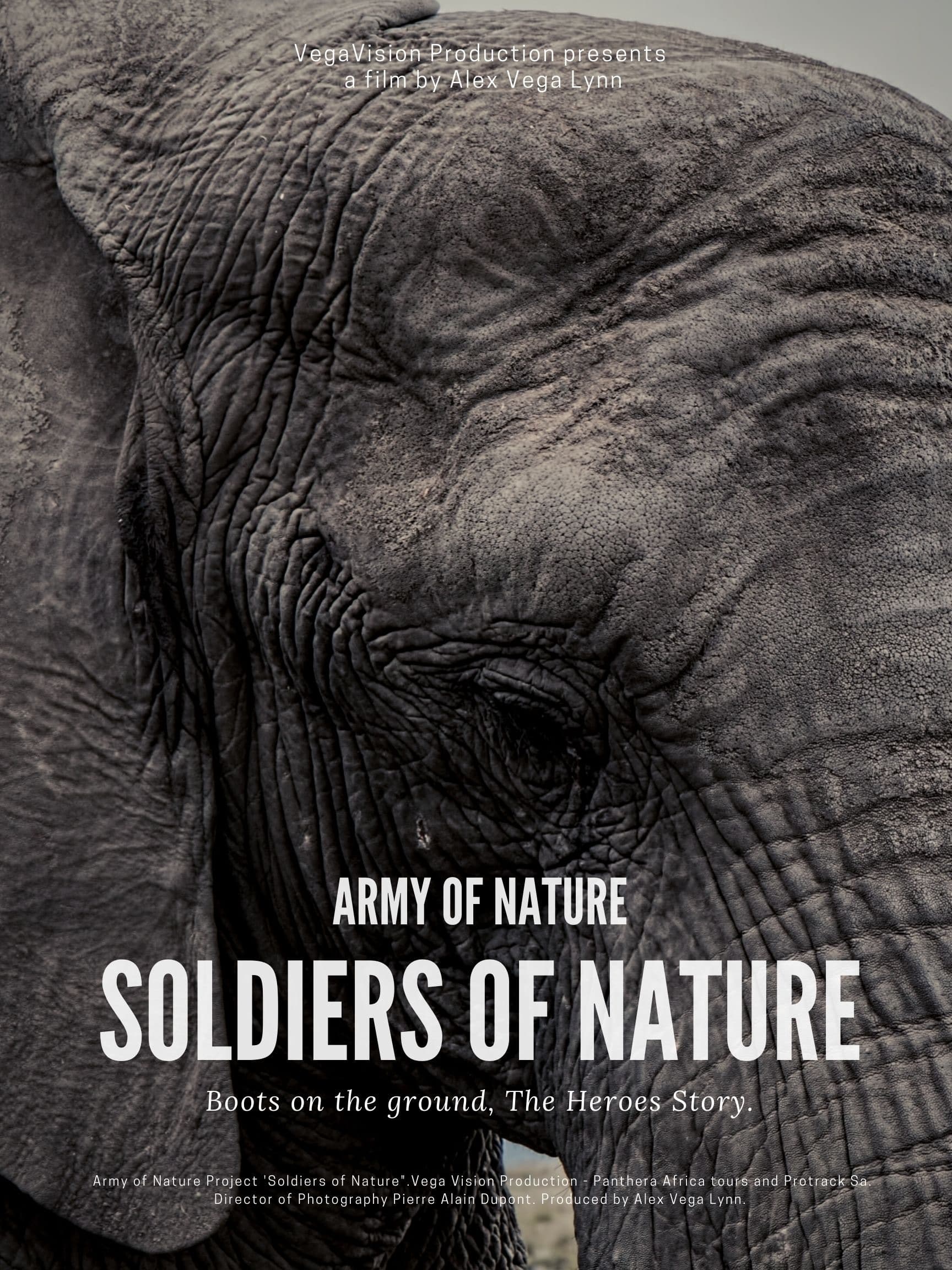 The cover of Army of Nature's Soldiers of Nature — an elephant's eye in close-up, in black and white