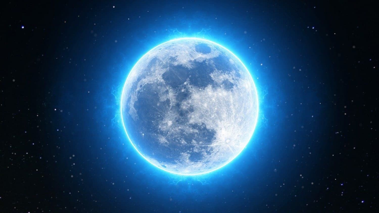 A full moon ringed in blue light against a starfield