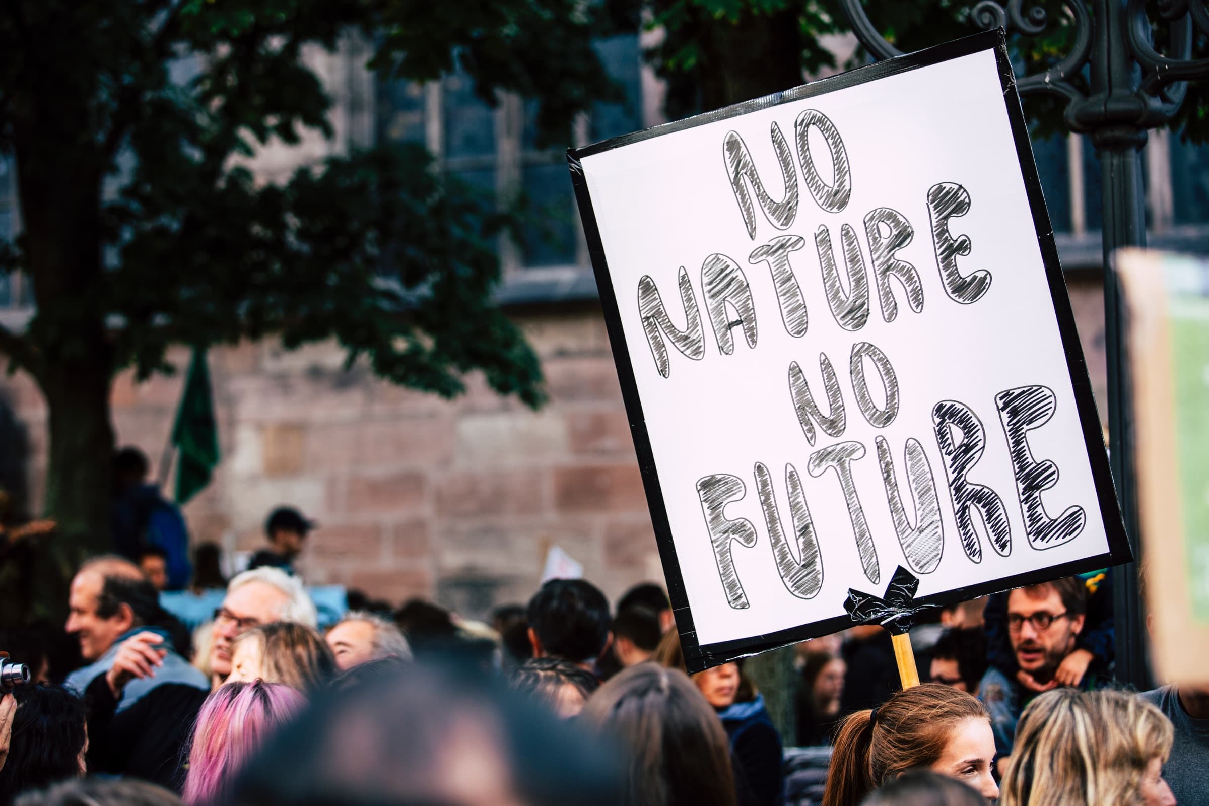 A crowd at a demonstration, one protester holding a hand-lettered NO NATURE NO FUTURE sign