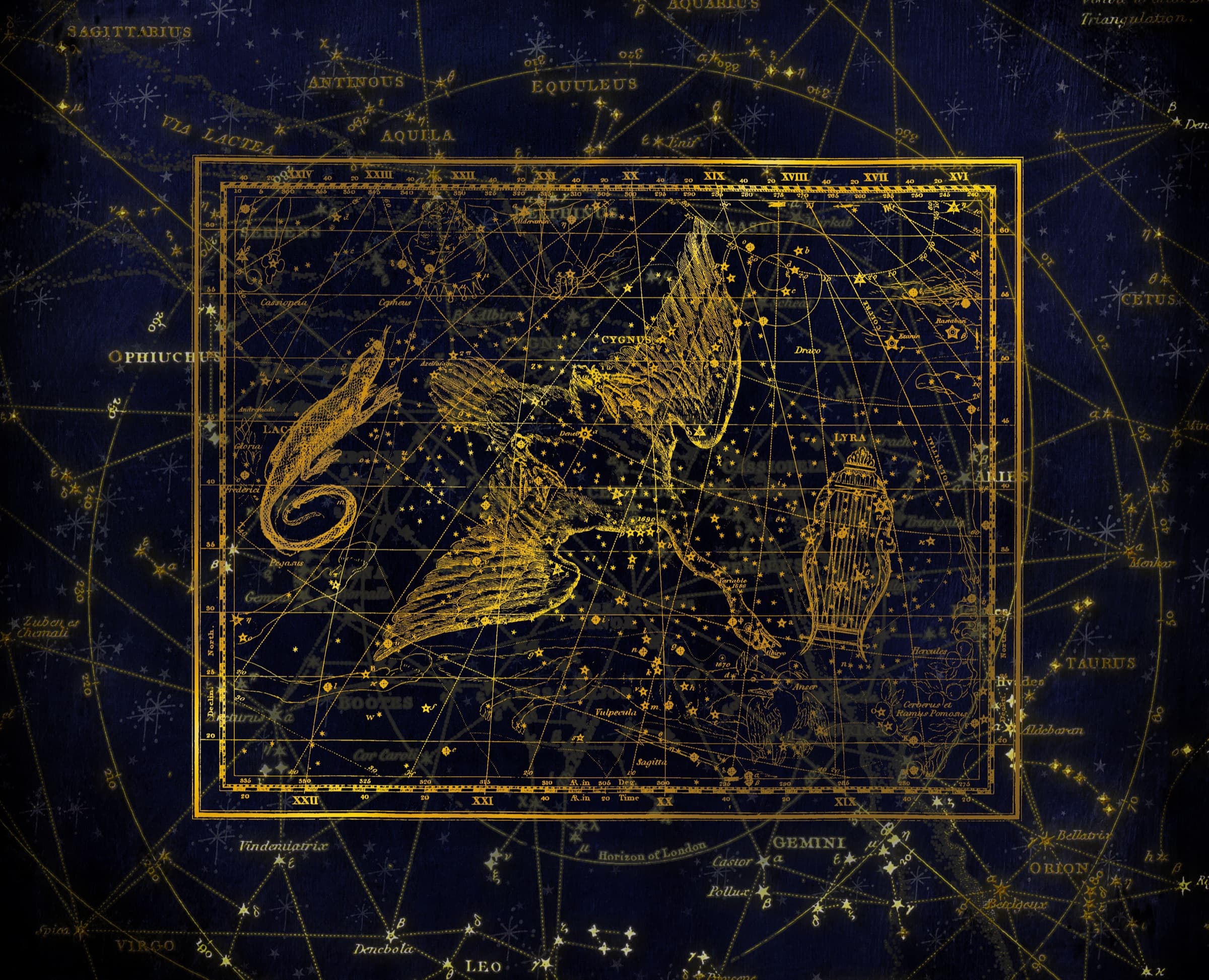 An antique star chart in gold on deep blue, showing the constellation Lyra