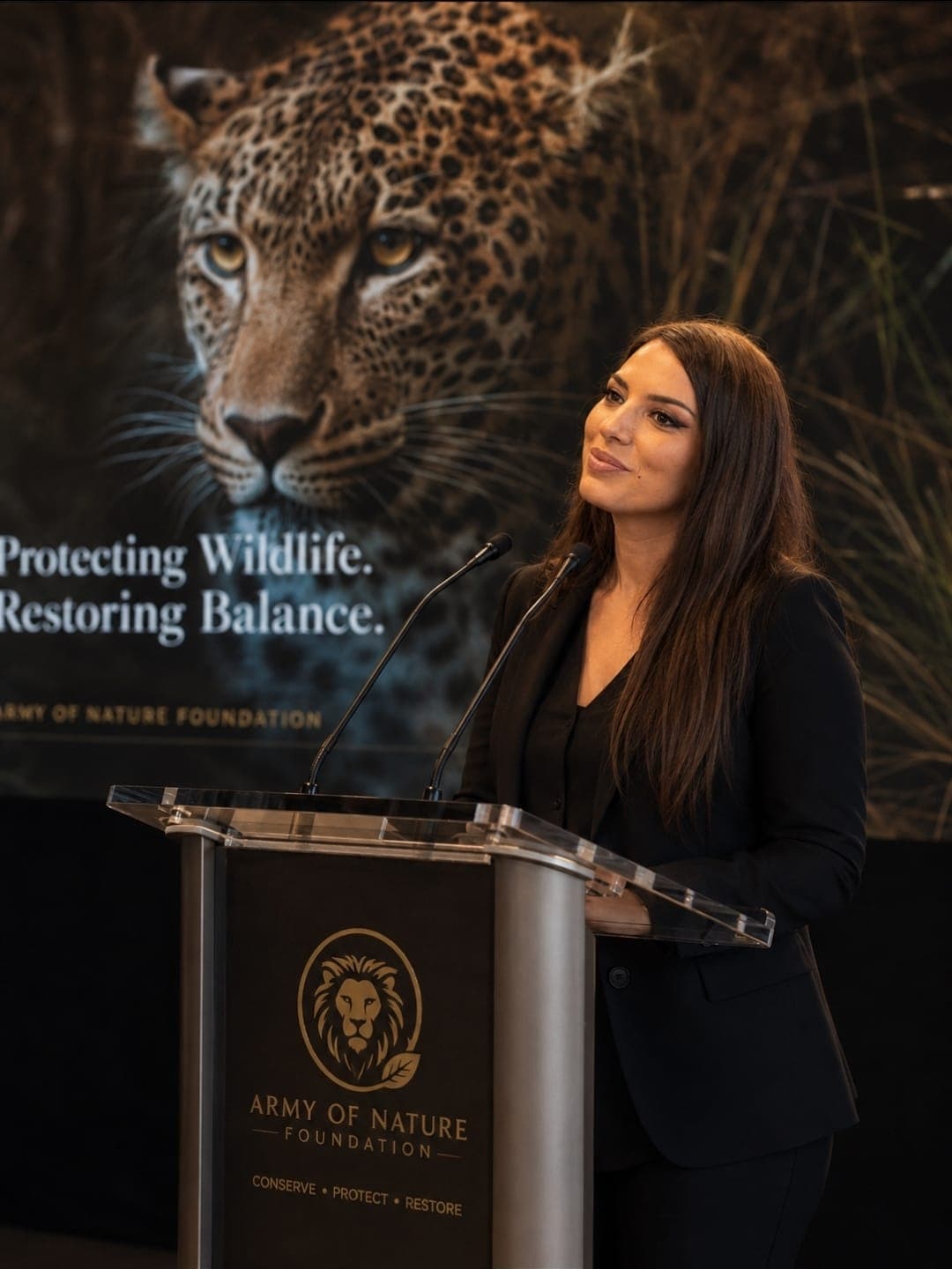 A speaker at an Army of Nature Foundation lectern, a leopard on the screen behind captioned Protecting Wildlife. Restoring Balance.