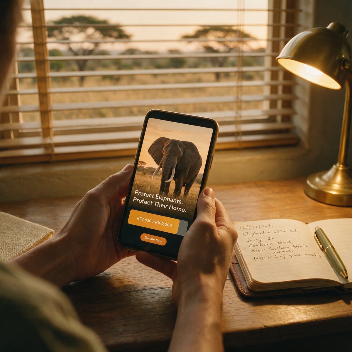 Hands holding a phone showing a wildlife conservation post with an elephant photograph, a field notebook on the desk
