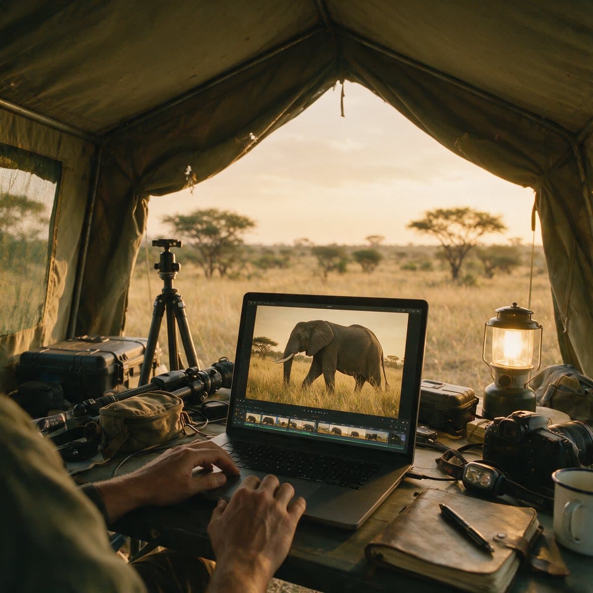 Hands editing wildlife footage on a laptop in a field tent, the screen showing an elephant in golden grass