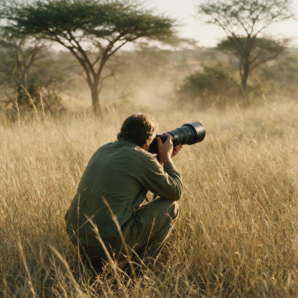 A wildlife photographer crouched low in golden savanna grass, aiming a long telephoto lens toward the bush
