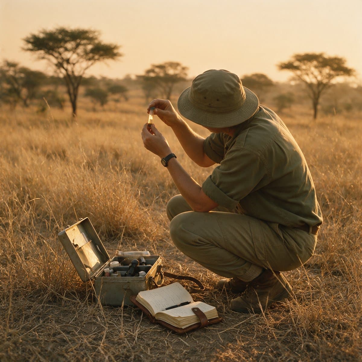 A field researcher crouched in dry savanna grass, examining a sample vial beside an open field kit