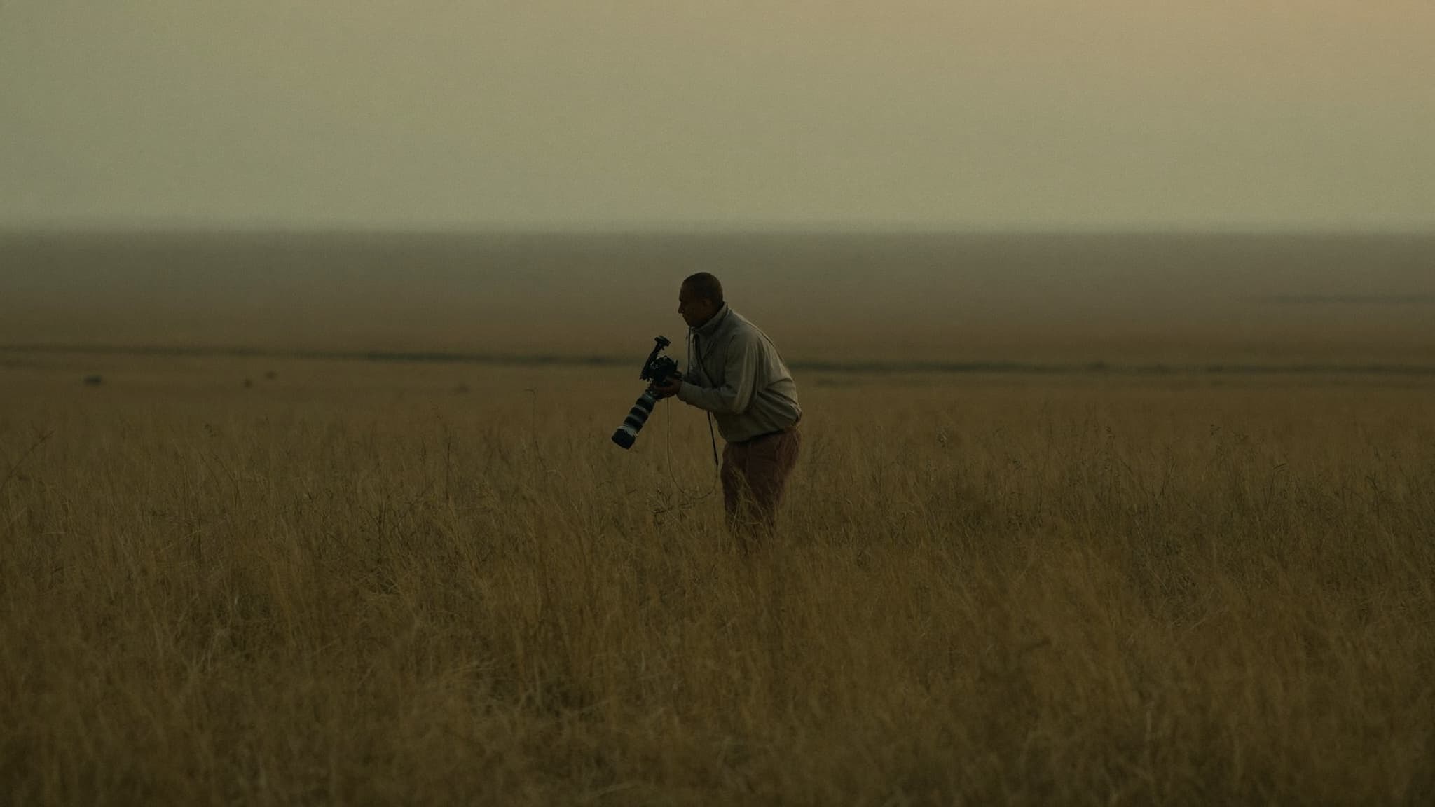 A camera operator silhouetted in tall dry grass at dusk, holding a long-lens camera and watching the horizon