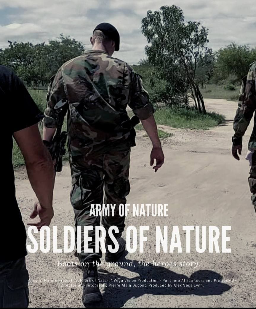 Poster for the documentary Soldiers of Nature — rangers walking a dirt road, seen from behind